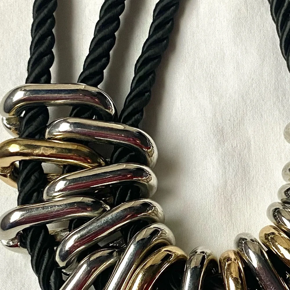Statement Chunky Multi-Rope Strand Choker Necklace Silver and Gold Metal Rings